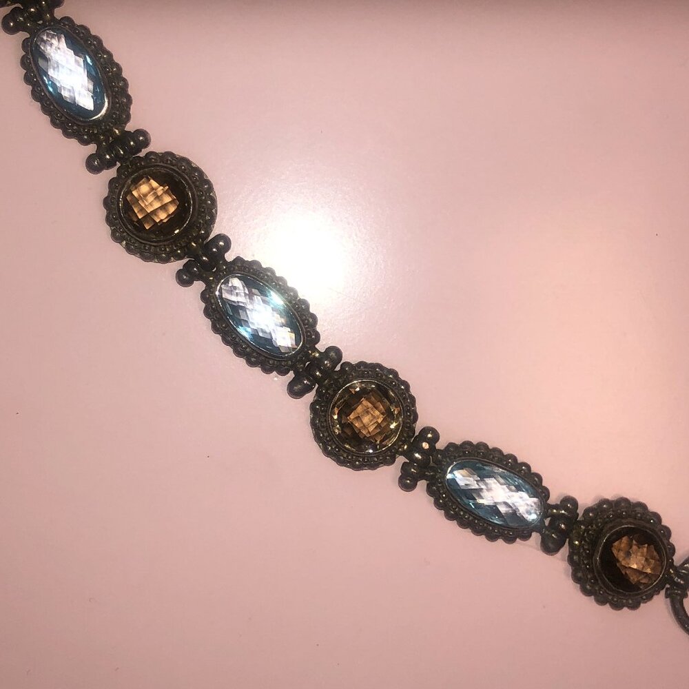 Heavy 925 Silver, Blue Topaz, and Smoky Quartz Bracelet (currently tarnished)